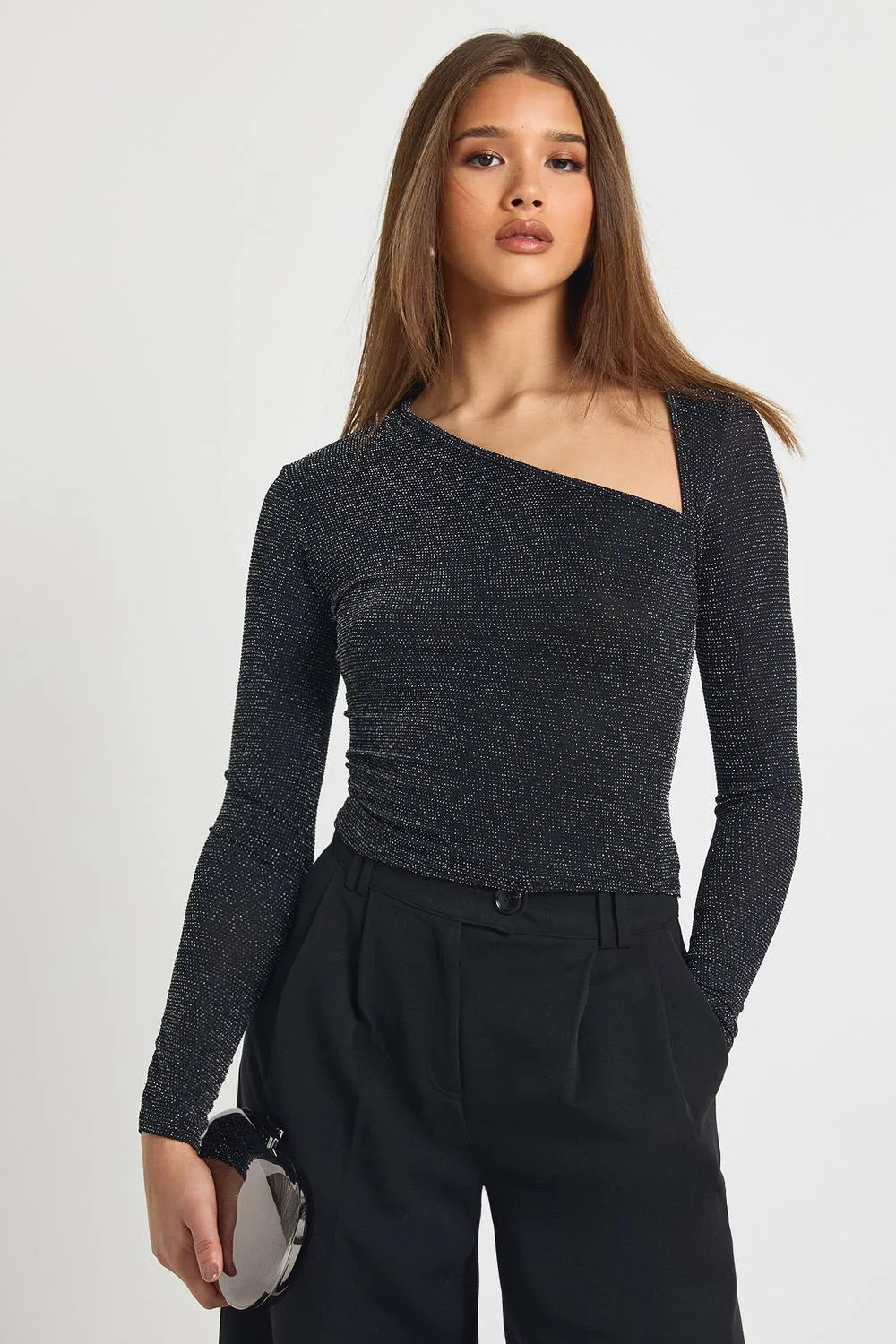 Glitter Asym Long Sleeve Top by boohoo
