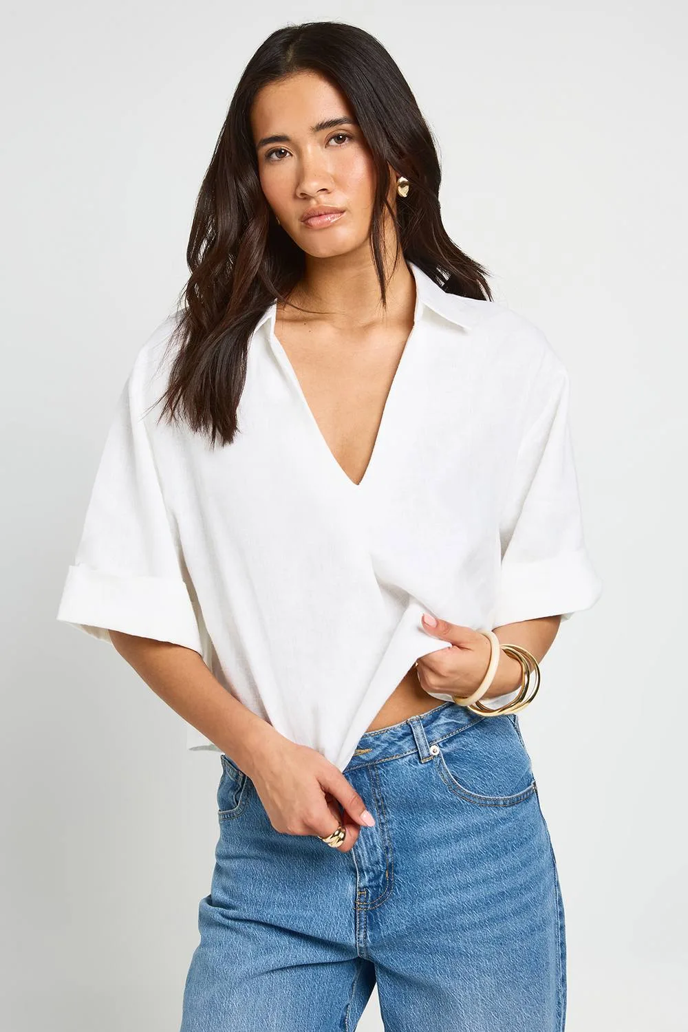 Linen V Neck Boxy Shirt by boohoo