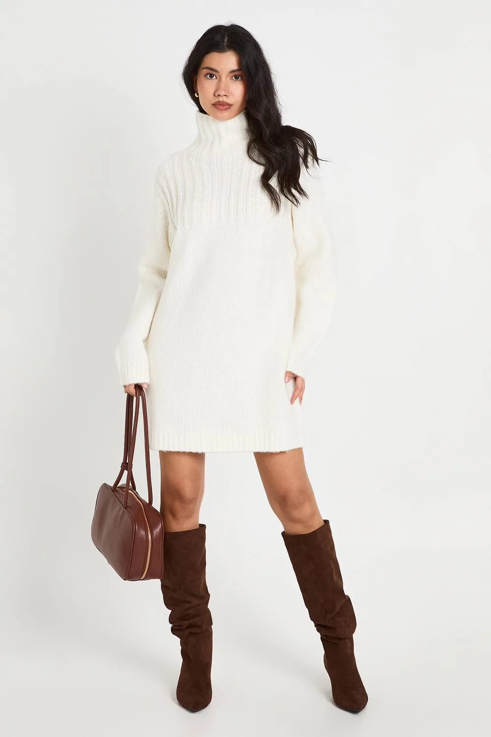 High Neck Oversized Knitted Mini Jumper Dress by boohoo