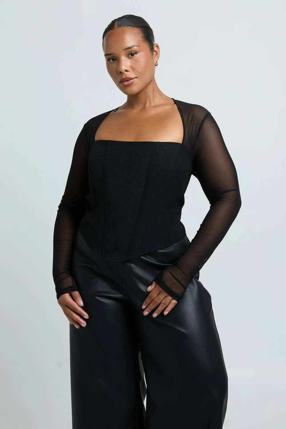 Mesh Sleeve Corset Top by boohoo