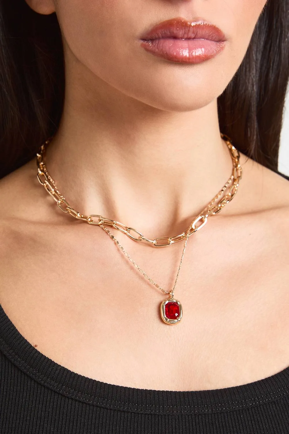 Red Diamante Pendant Layered Necklace by boohoo