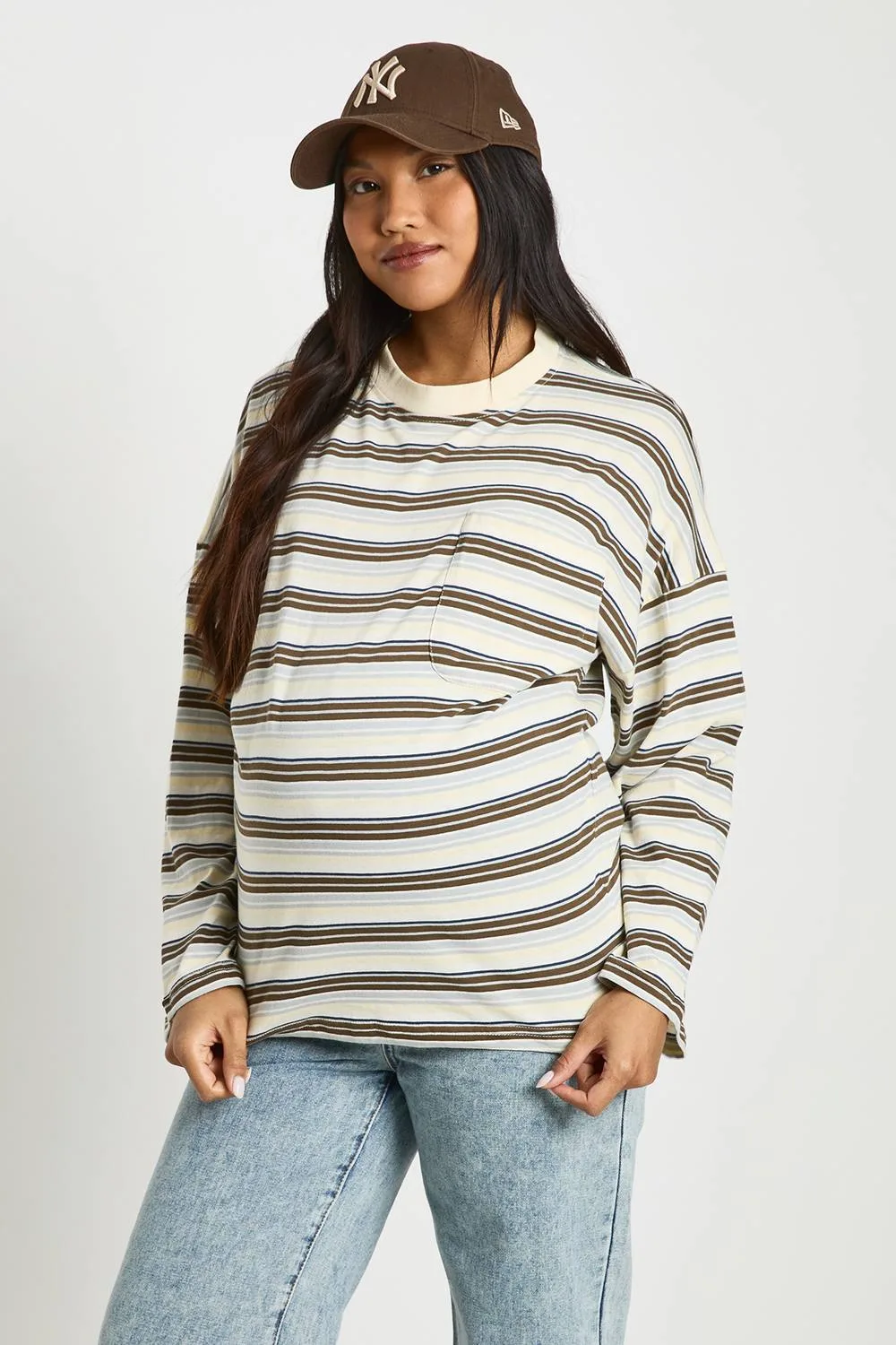 Maternity Striped Cotton Pocket Front Long Sleeve Top by boohoo