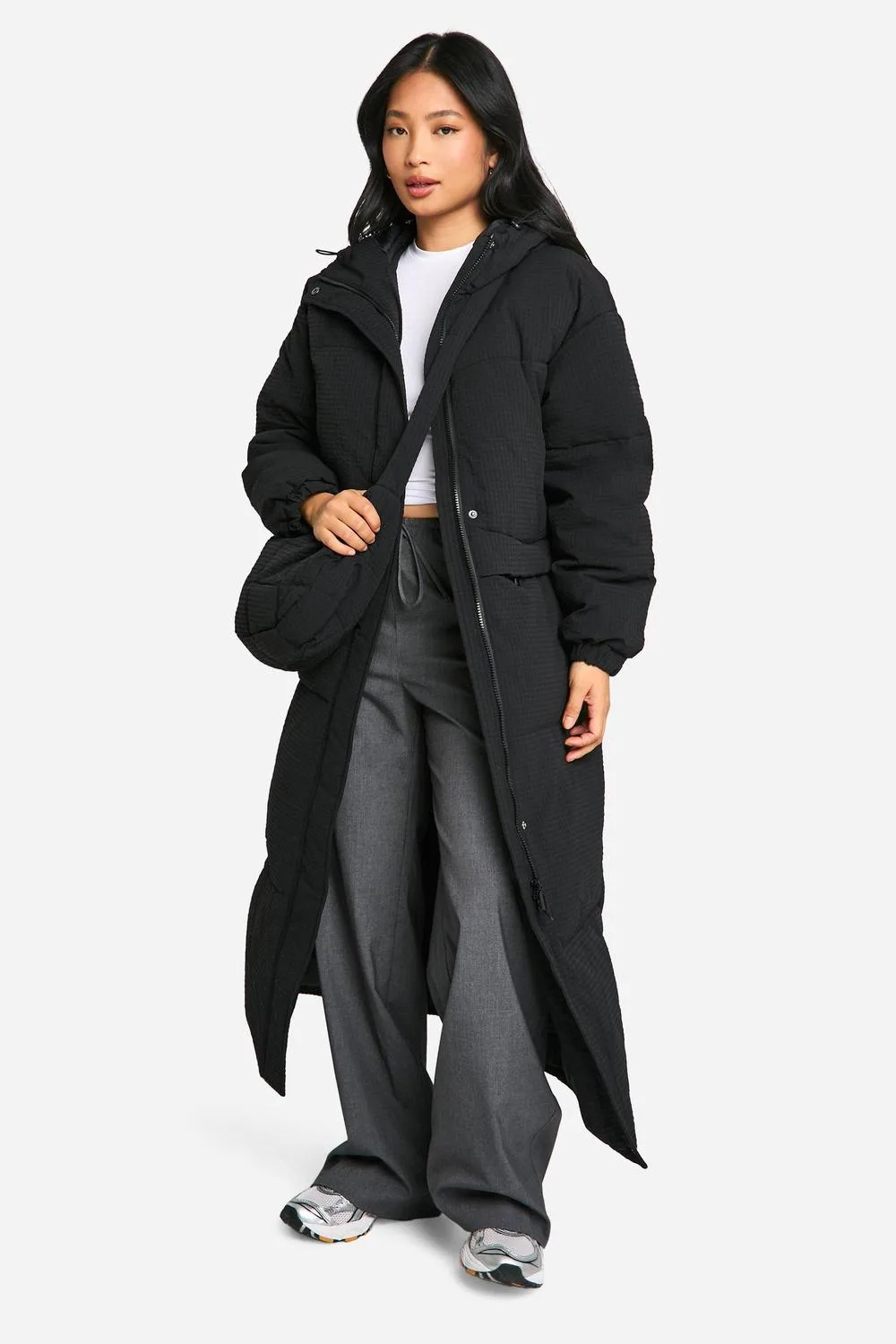 Longline Hooded Puffer Jacket with Matching Bag by boohoo