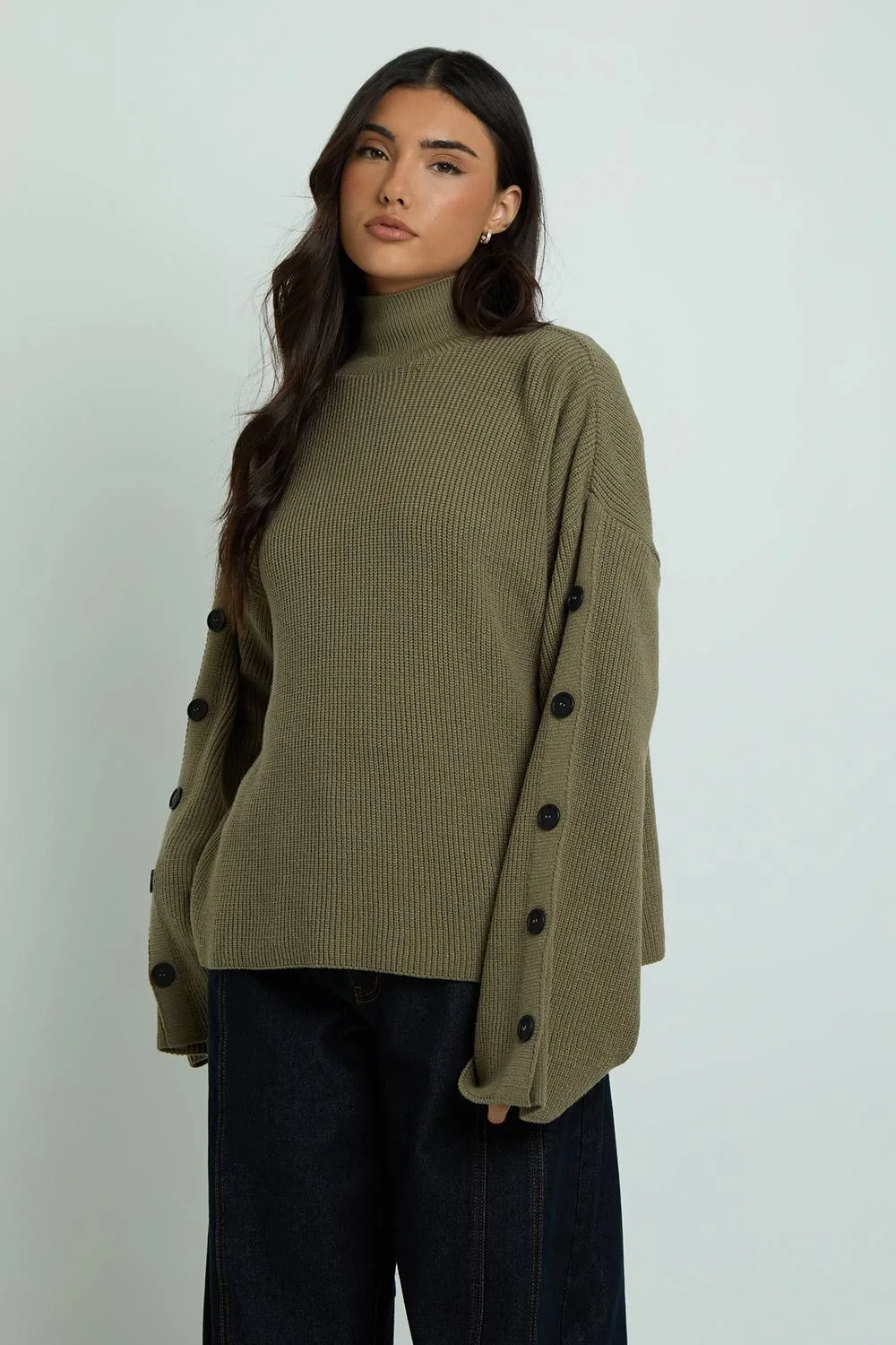 Button Sleeve Detail Soft Knit Oversized Jumper by boohoo