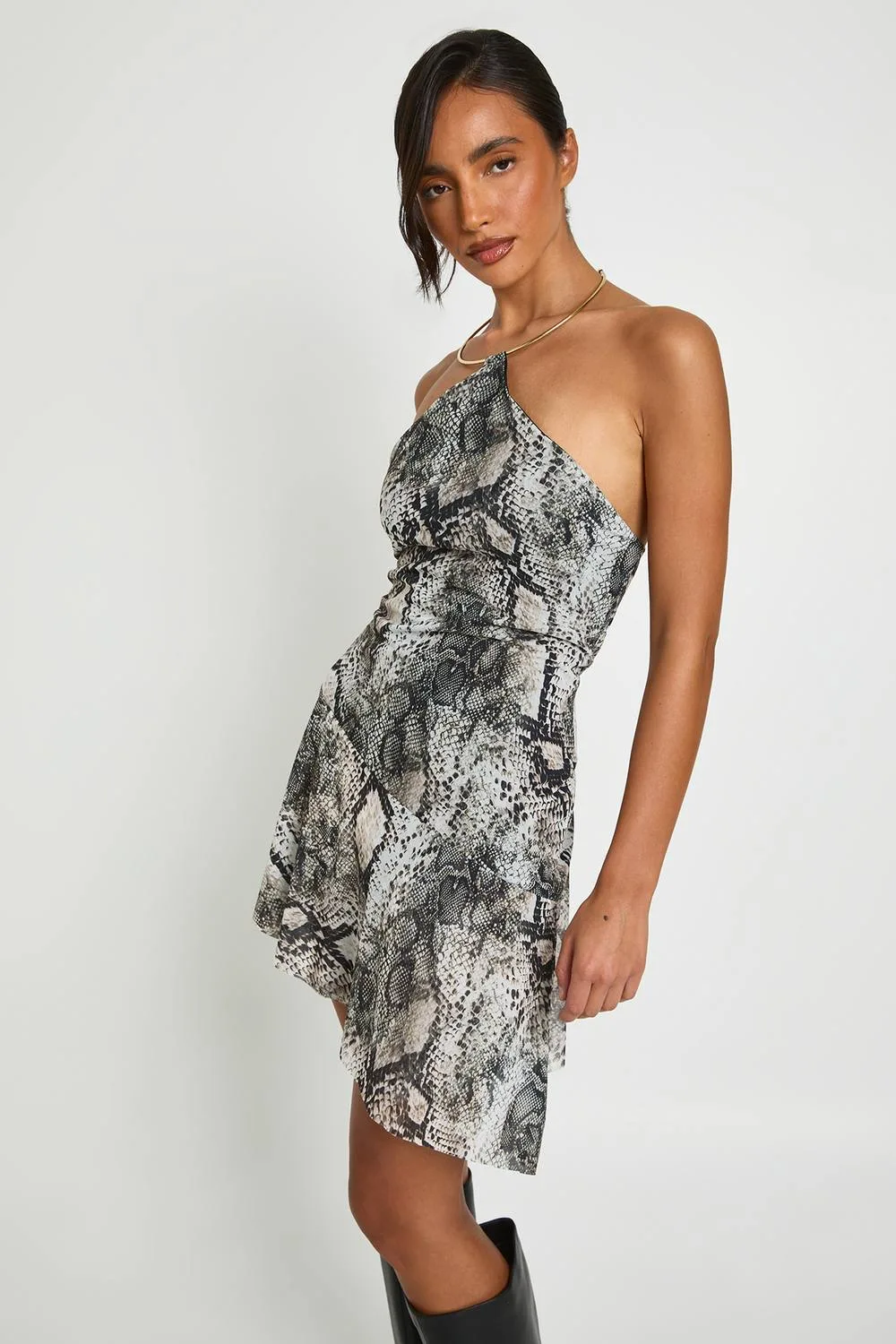 Halter Neck Mesh Snake Print Dress by boohoo