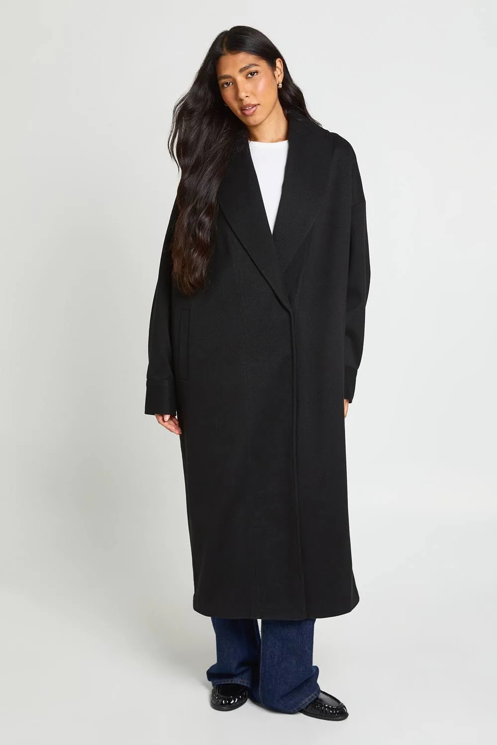 Longline Collared Wool Look Coat by boohoo