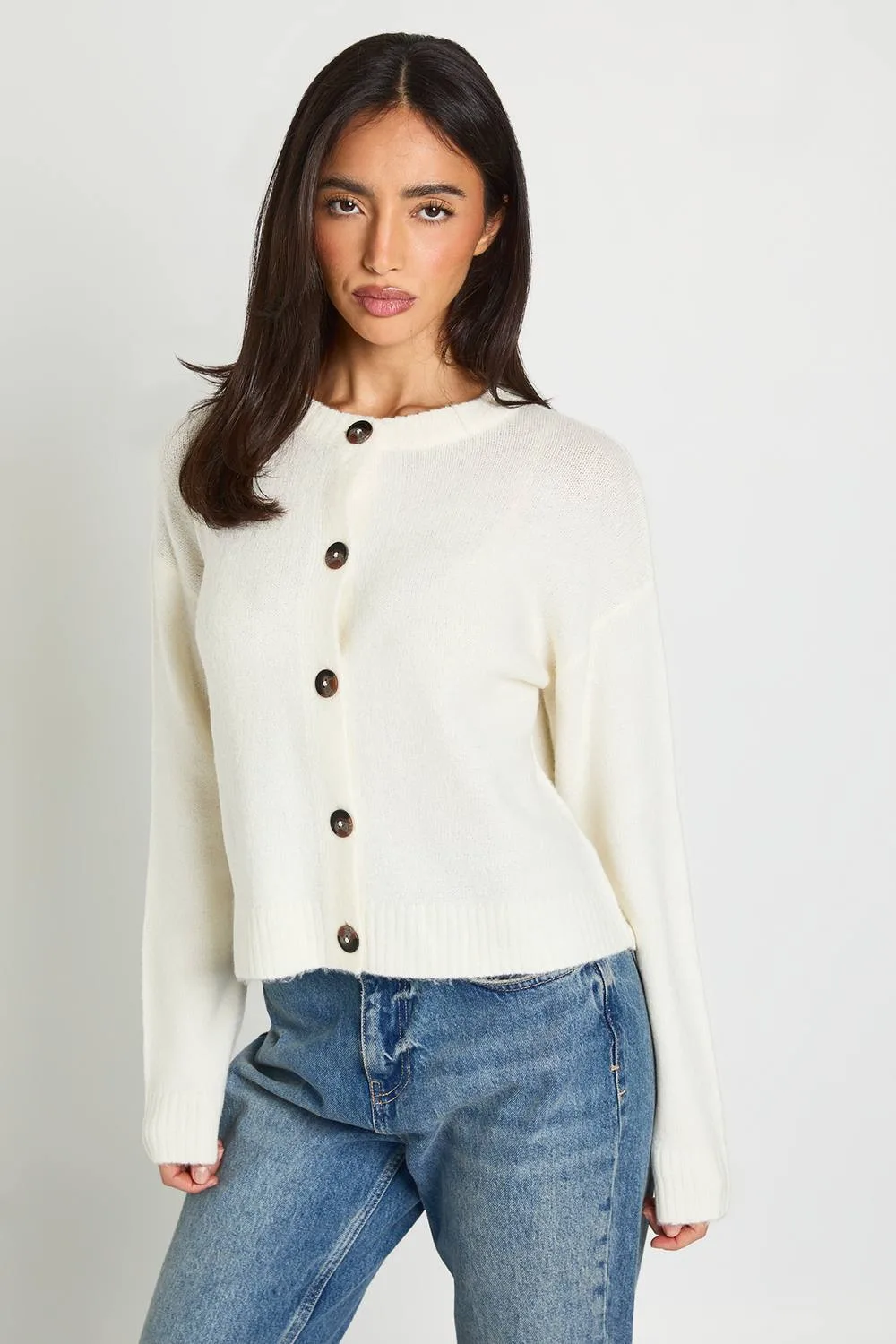 Crew Neck Soft Knit Knitted Cardigan