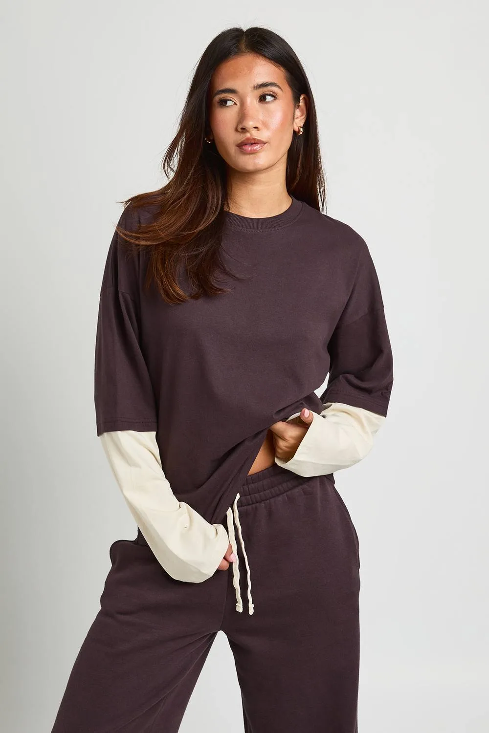 Double Layer Top & Contrast Drawcord Jogger Tracksuit by boohoo