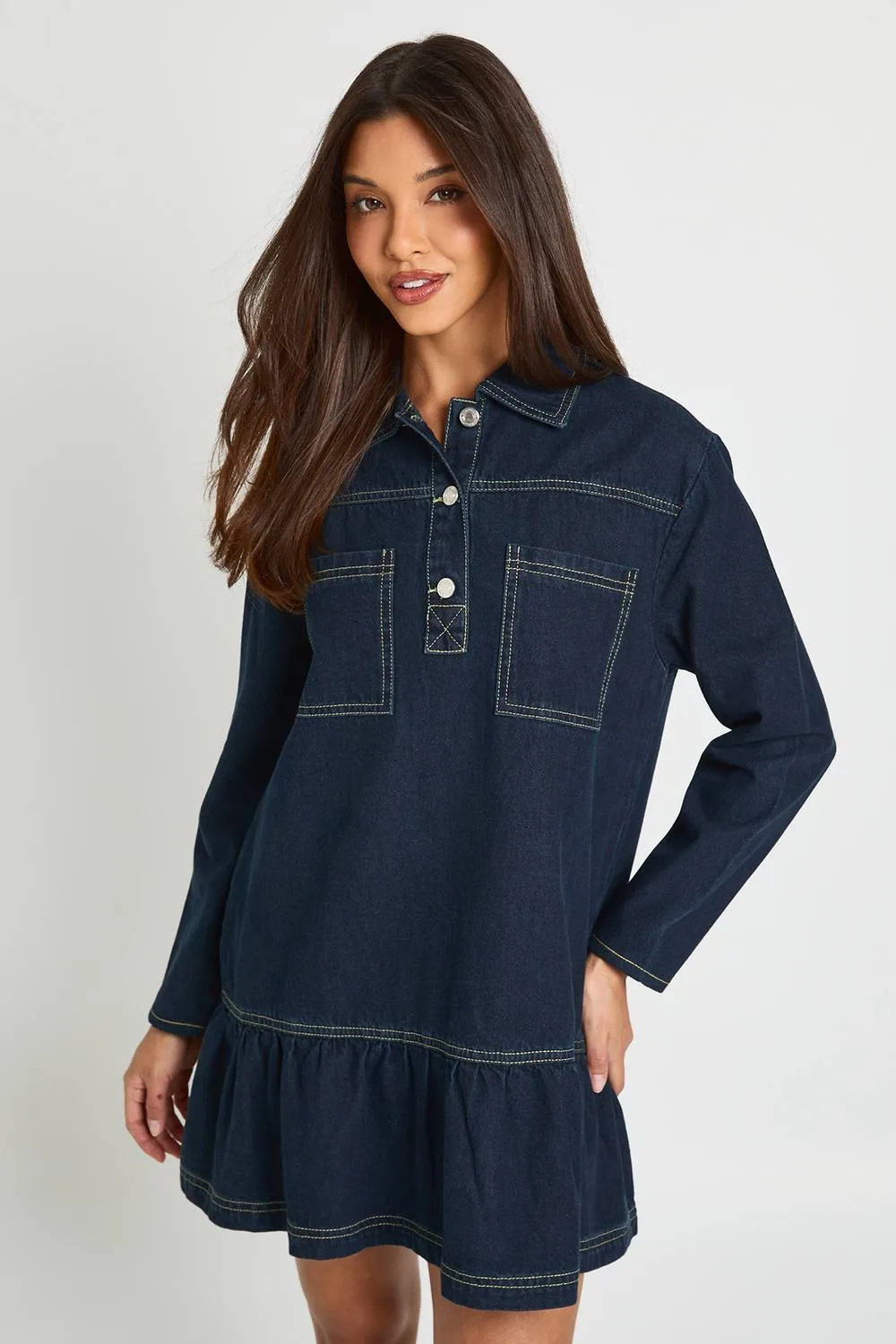 Dropped Hem Denim Dress by boohoo