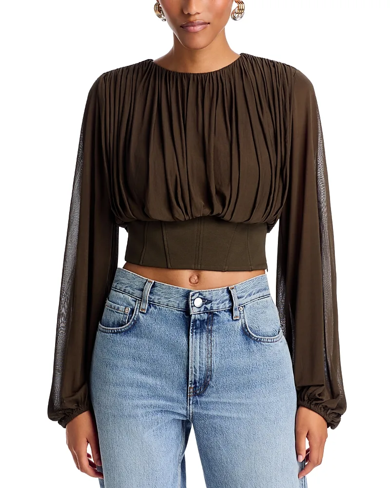 Riley Gathered Cropped Long Sleeve Top by Simkhai