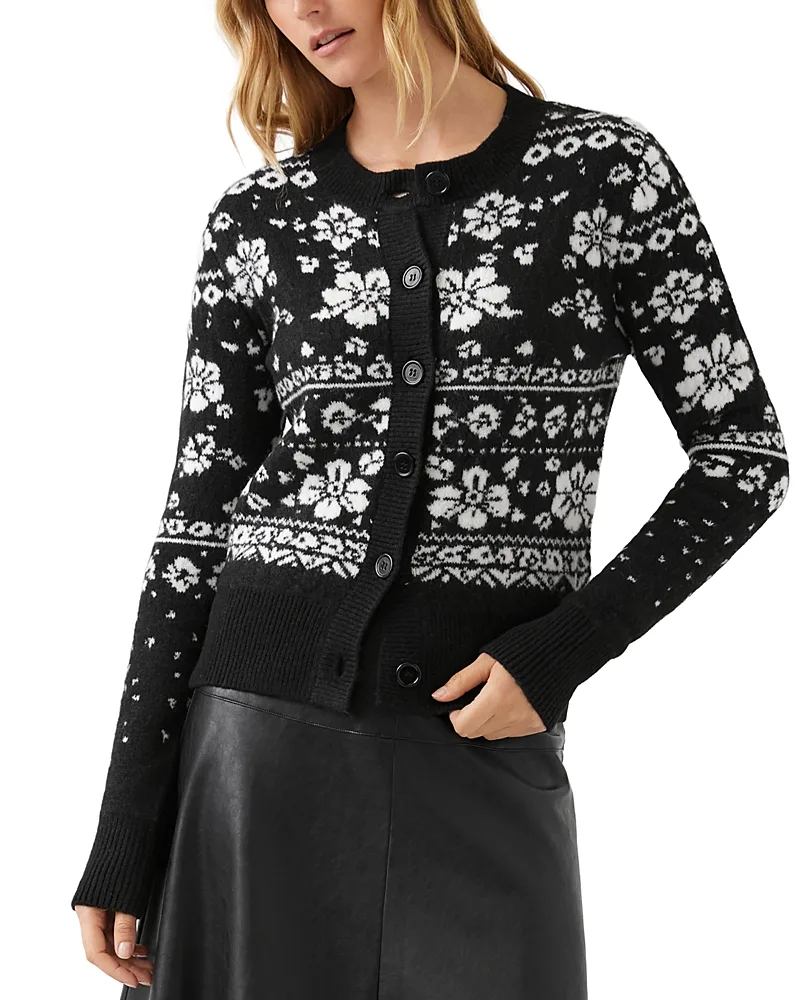 Floral Jacquard Crewneck Cardigan by Karen Kane