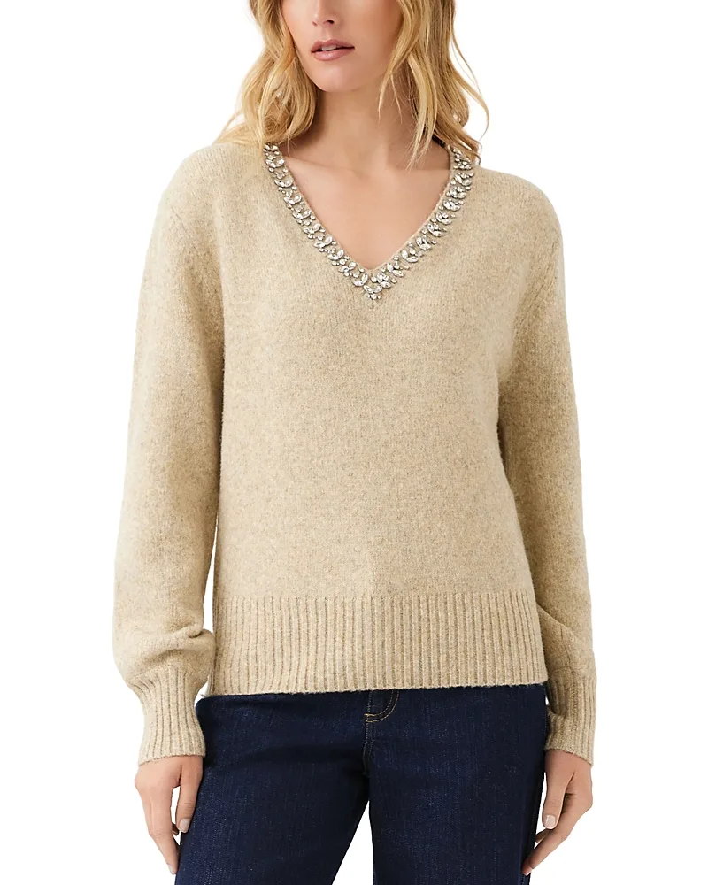 Embellished V Neck Sweater by Karen Kane