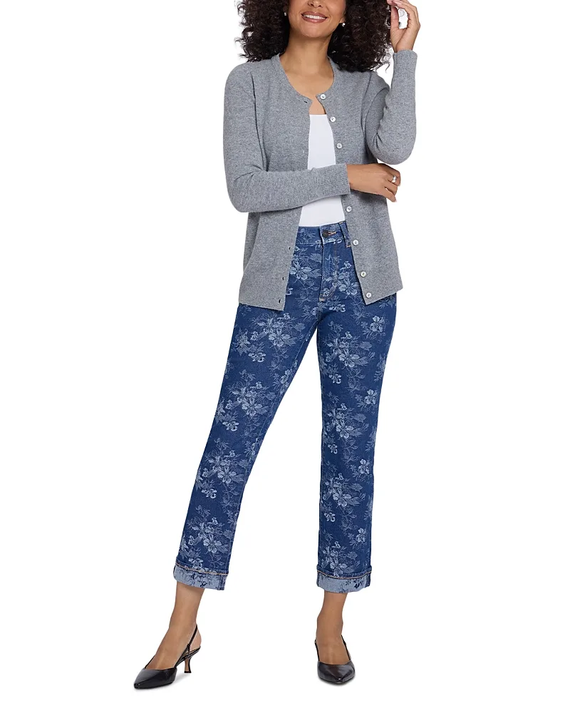 Marilyn High Rise Cuffed Straight Ankle Jeans in Floral Jacquard Indigo by NYDJ