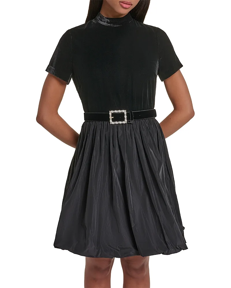 Mixed Media Belted Fit-and-Flare Dress by Karl Lagerfeld