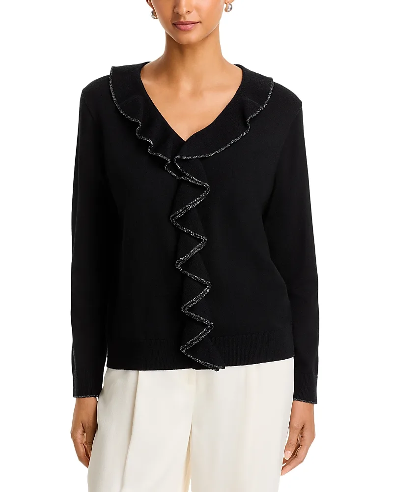 Ruffled Metallic Trim V Neck Sweater by Sioni
