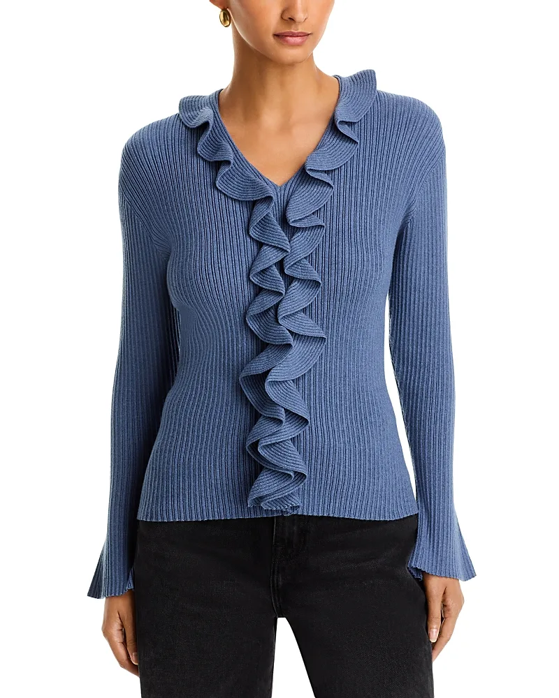 Ruffle Trim V Neck Sweater by Sioni