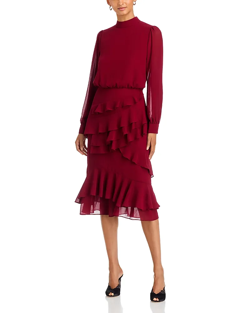 Stars Evelyn Ruffled Mock Neck Midi Dress by Area