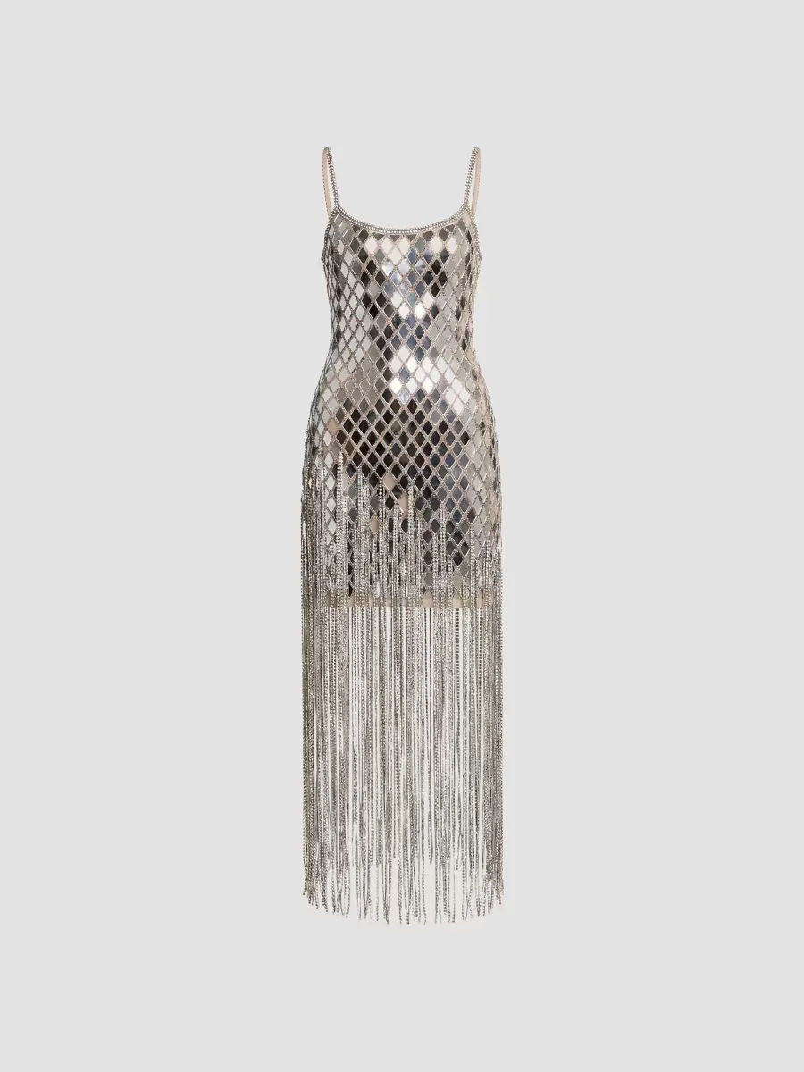 Mac Duggal Geometric Mirror Beaded Fringe Midi Dress by M.A.C.
