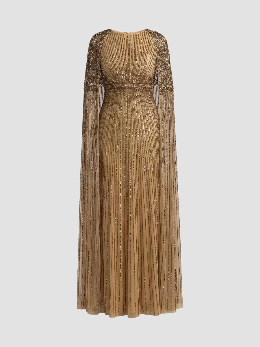 Mac Duggal Beaded Mesh Cape-Sleeve Gown by M.A.C.