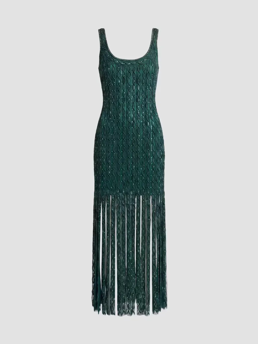 Mac Duggal Beaded Mesh Fringed Maxi Dress by M.A.C.