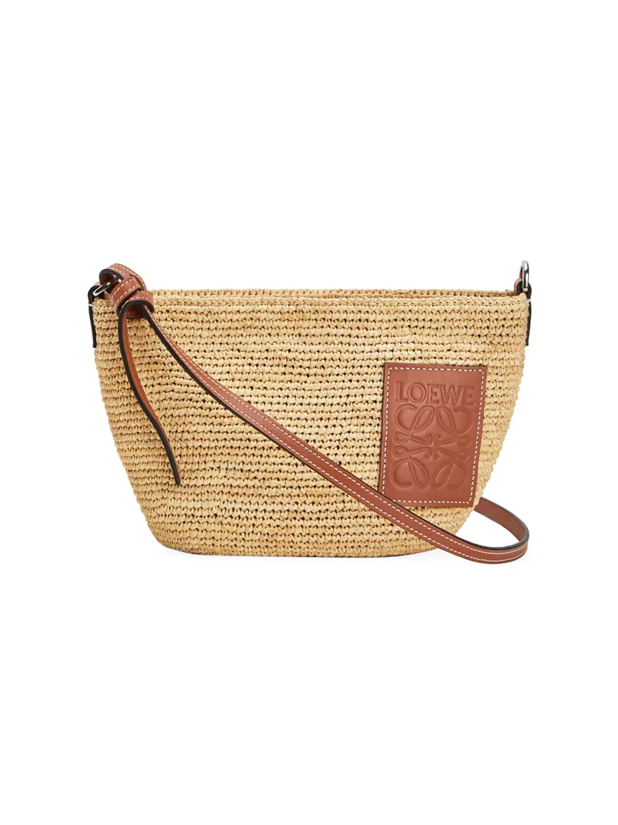 Pochette Leather-Trimmed Raffia Crossbody Bag