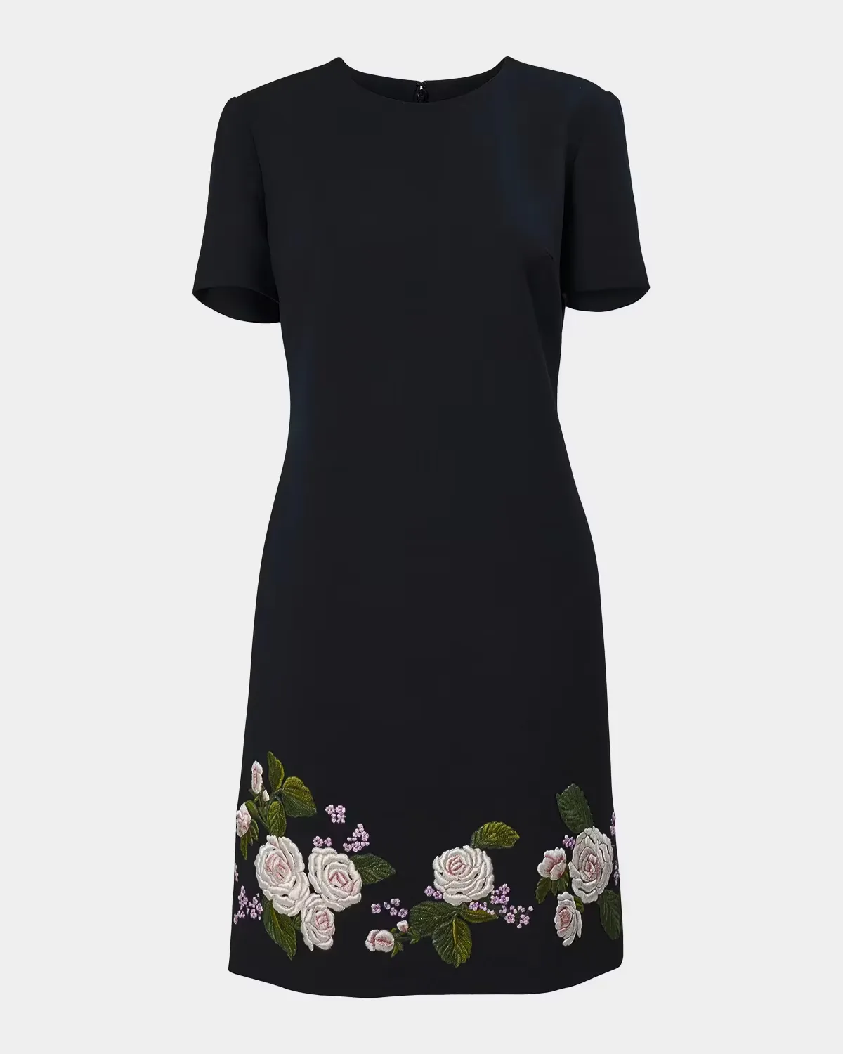 Floral Embroidered Wool Short-Sleeve Mini Dress by Carolina Herrera