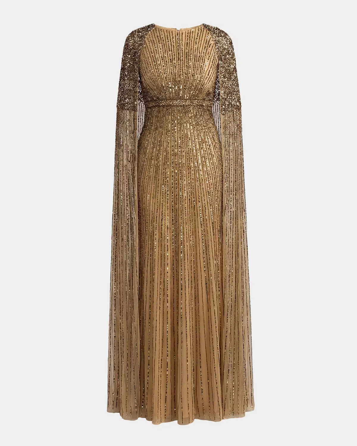 Beaded Mesh Cape-Sleeve Gown
