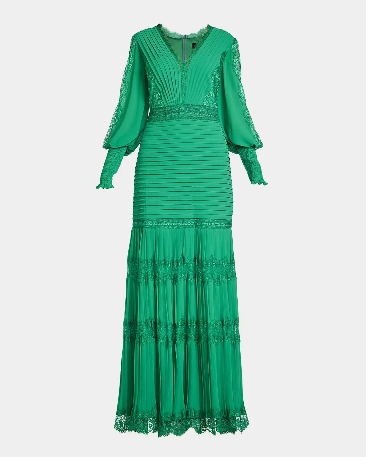 Tiered Bishop-Sleeve Pleated Lace Gown by Tadashi
