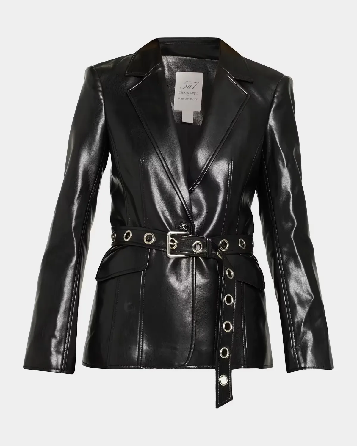 Vegan Leather Belted Blazer by Cinq  Sept