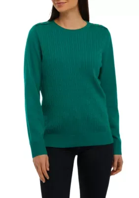 Long Sleeve Cable Crew Neck Button Sweater by Kim Rogers