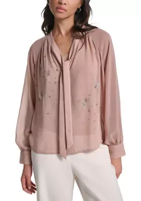KARL Lagerfeld PARIS Long Sleeve Metallic Bow Blouse by Karl Lagerfeld