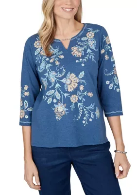 Ann Arbor Floral Embroidery Top - Denim