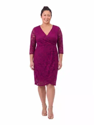 Elevate Curvy Lace Wrap Dress with Three-Quarter Sleeves by 24seven Comfort Apparel