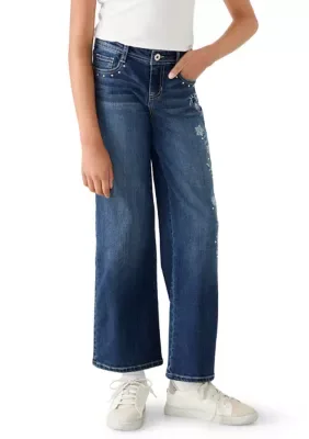 Wide Leg Floral Embroidery Bling Jeans by Squeeze