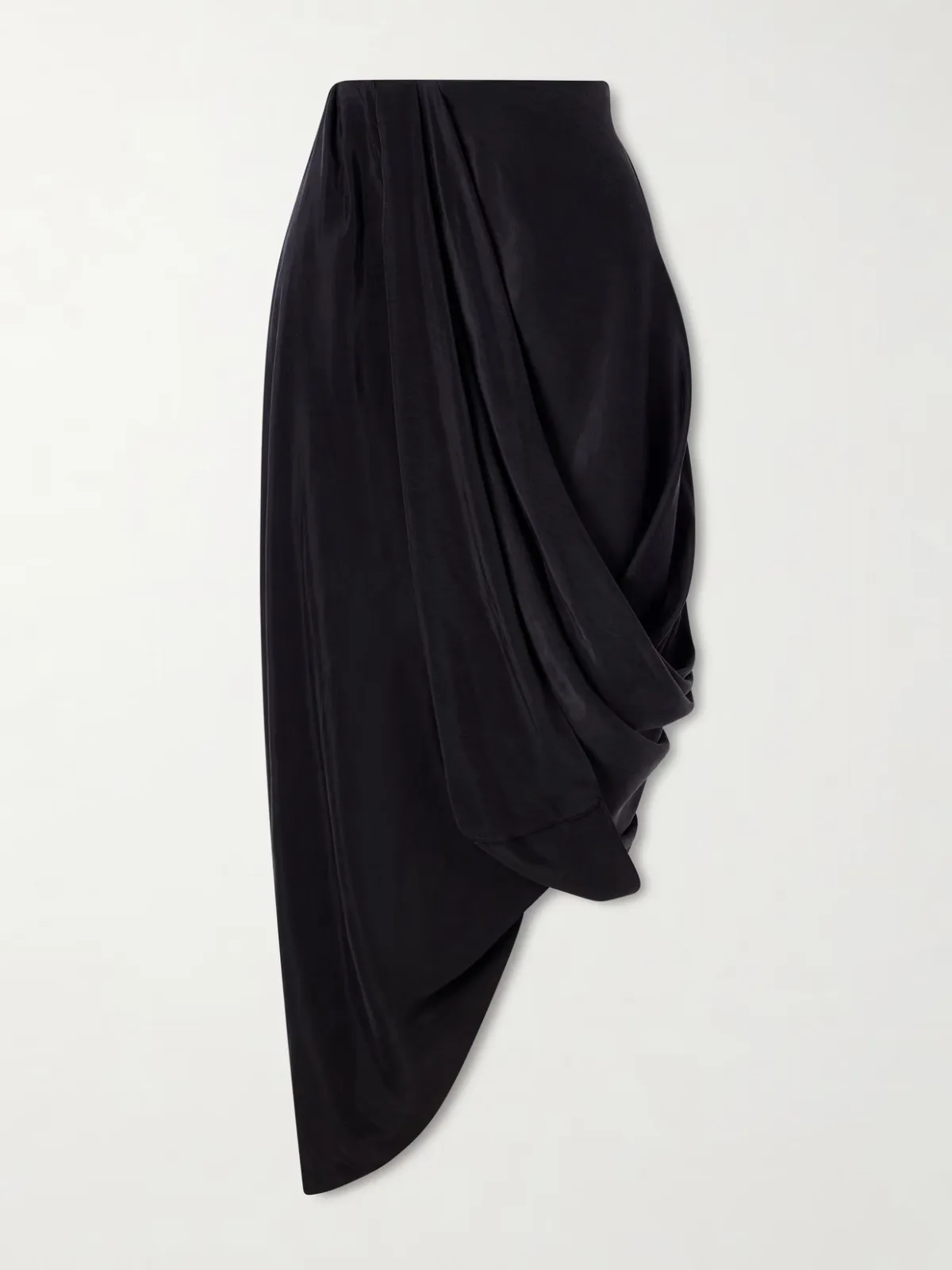 - Asymmetric Gathered Satin Midi Skirt -