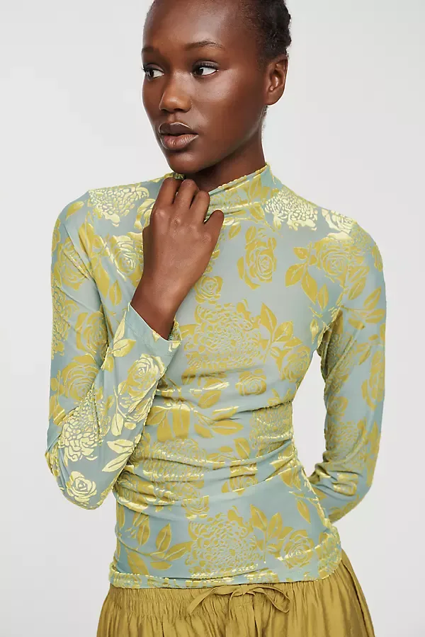 Flocked Mock-Neck Long-Sleeve Top by Anthropologie