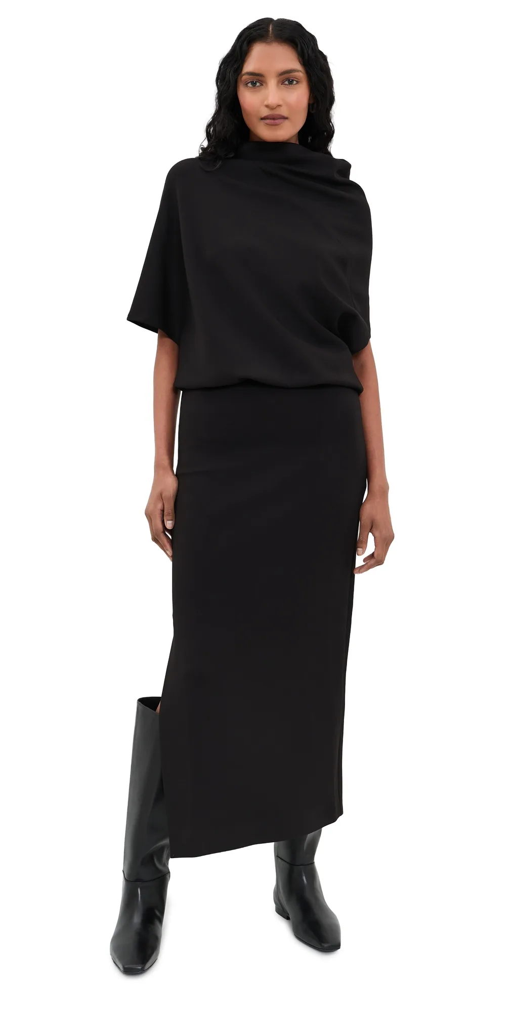 Short Sleeve Cowl Neck Scuba Midi Dress by MEIMEIJ