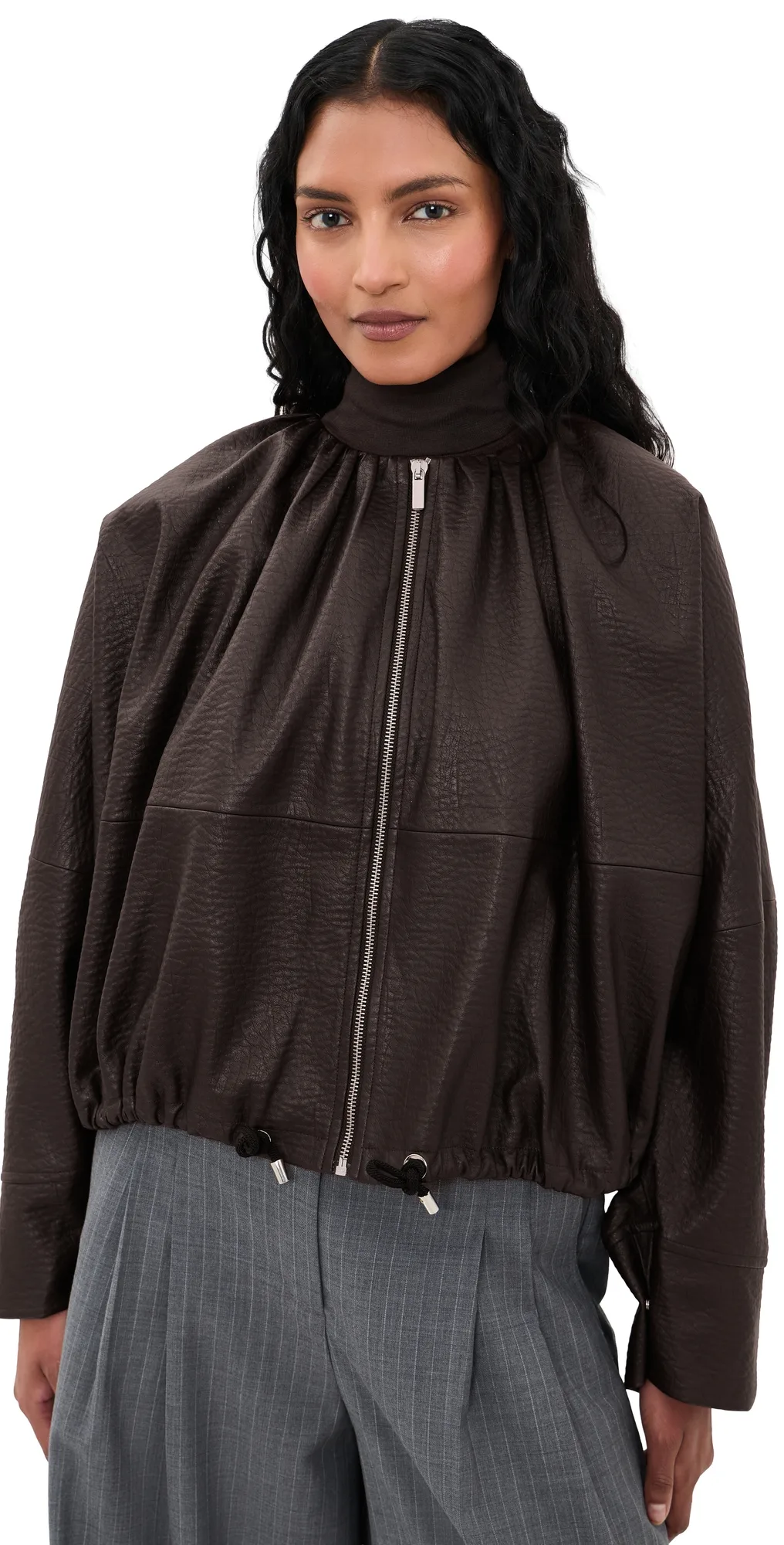 Blouson Cinched Bottom Sustainable Bubble Faux Leather Jacket by MEIMEIJ