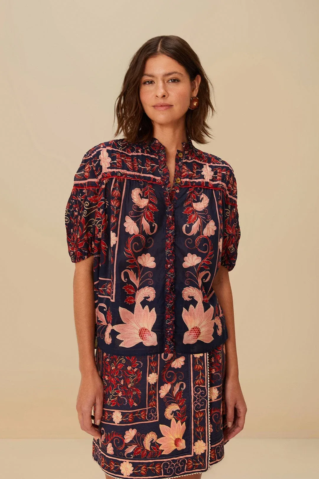 Boho Floral Scarf Navy Blue Blouse by FARM Rio