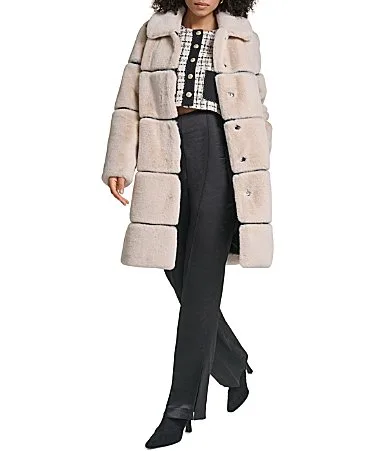 KARL Lagerfeld PARIS Channeled Faux Fur Horizontal Pattern Point Collar Longline Trench Coat by Karl Lagerfeld