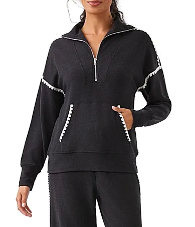 Brushed Stretch Double Knit Edge Stitch Half Zip Pullover Sweatshirt by Karen Kane