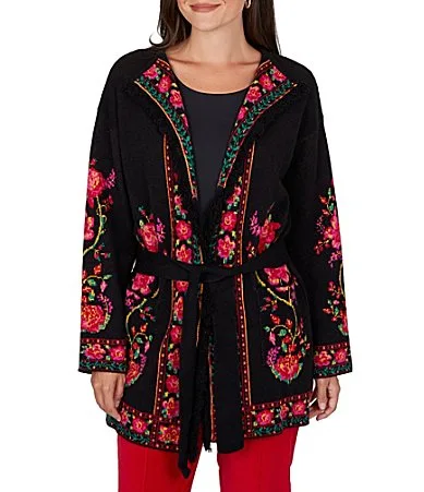 Knit Jacquard Rose Shawl Collar Long Sleeve Fringe Hem Self Tie Cardigan by Ruby Rd