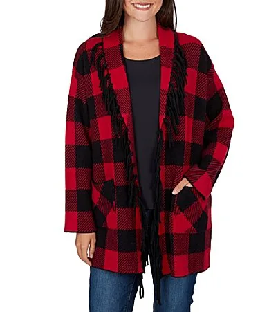 Red Black Buffalo Plaid Shawl Collar Long Sleeve Fringe Open Front Cardigan by Ruby Rd