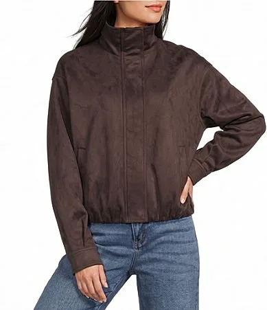 Brushed Faux Suede Bubble Hem Bomber Jacket
