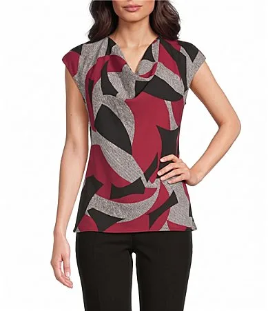 Woven Georgette Abstract Print Cowl Neck Cap Sleeve Pullover Blouse by Calvin Klein