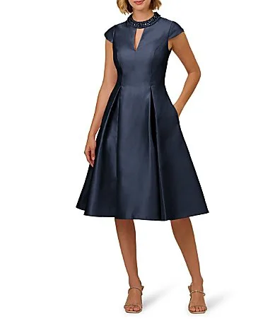 Mikado Beaded Crew Neck Cap Sleeve Keyhole A-Line Midi Dress by Adrianna Papell