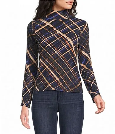 Knit Plaid Turtle Neck Long Sleeve Top by Democracy