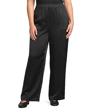 Crinkle Textured Satin Weave Straight Pull-On Pants