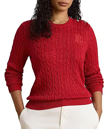 Lauren Ralph Lauren Plus Cable Knit Crew Neck Long Sleeves Shoulder Button Sweater Top