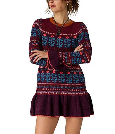 Petal Loom Fair Isle Boat Neck Long Sleeve Drop-Waist Knit Mini Dress by Free People